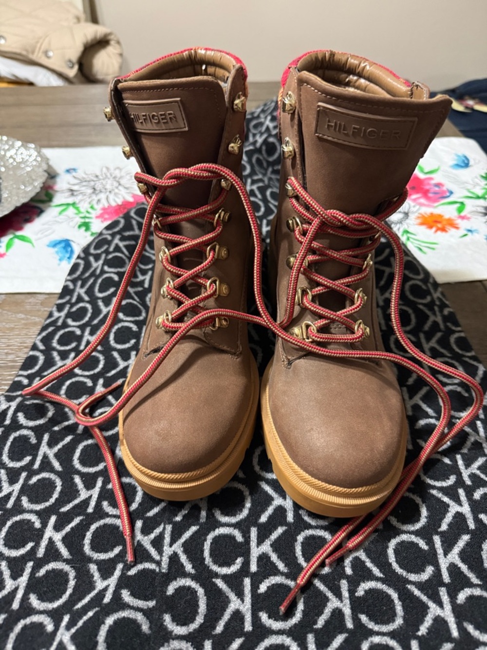 Tommy Hilfiger Brown Leather Ankle Boots with Red Plaid Collar